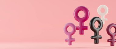Pembe, beyaz ve siyah kadın sembolleri. Feminizm kavramı. Fotokopi alanı ile pembe arkaplan. 3d oluşturma