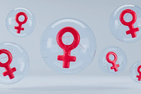 Feminism concept. Red venus symbol in cracked bubbles. 3d rendering.