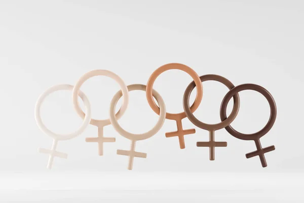 Row of female symbols with diverse skin tones. Inclusivity concept. 3d rendering