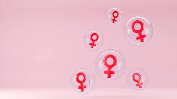 Feminism concept. Red venus symbol in cracked bubbles. Background copy space. 3d rendering.