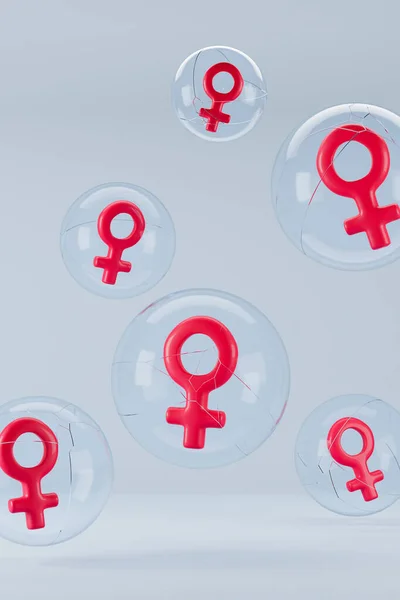 Concept Féminisme Symbole Venus Rouge Dans Des Bulles Fissurées Rendu — Photo