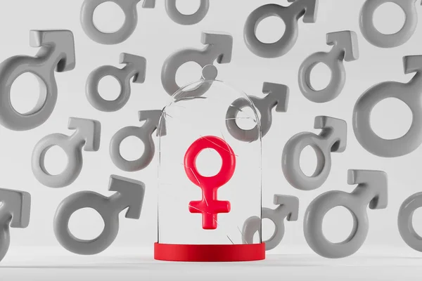 Struggle Patriarchy Red Female Symbol Glass Case Surrounded Male Symbols — Stock Photo, Image