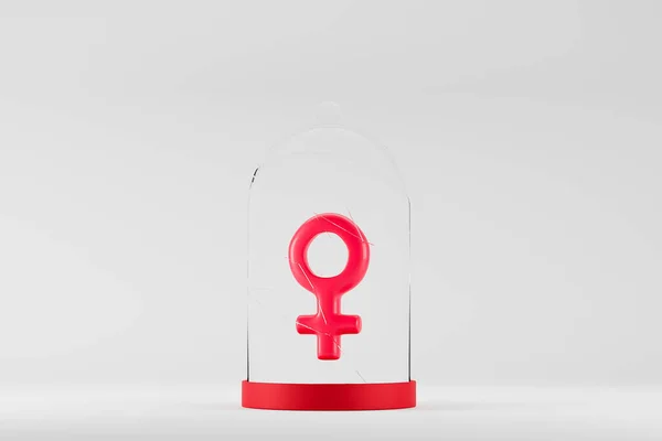 Struggle with patriarchy. Red female symbol in glass case surrounded with male symbols. 3d rendering