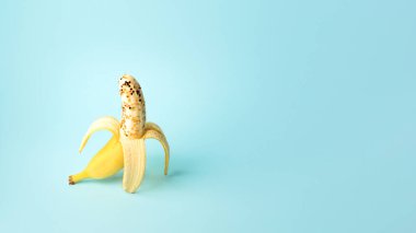 Mavi arka planda parlak göz alıcı muz tasarımı. Boşluğu kopyala.