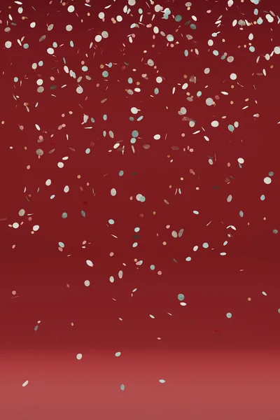 Round silver confetti on red background. 3d rendering