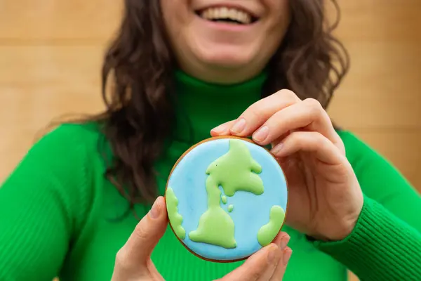 Earth Day Concept Gingerbread Shape Planet Hands Woman Royalty Free Stock Images
