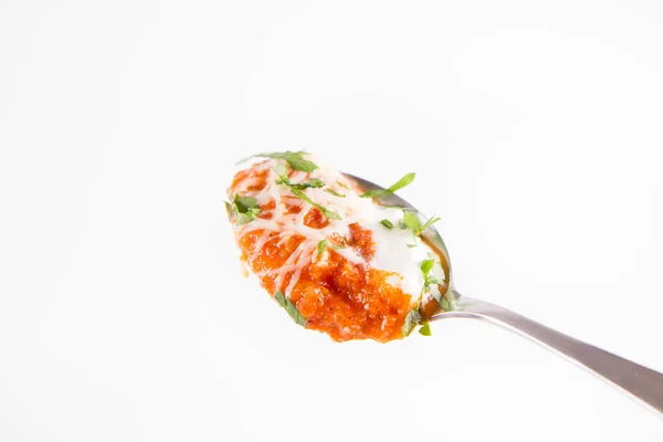 Italian Tomato Soup Served Cream Mozzarella Cheese Fresh Parsley Bowl — Stock Photo, Image