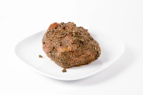 Raw Pork Loin Seasoned Ready Roasted Plate — Stock Photo, Image