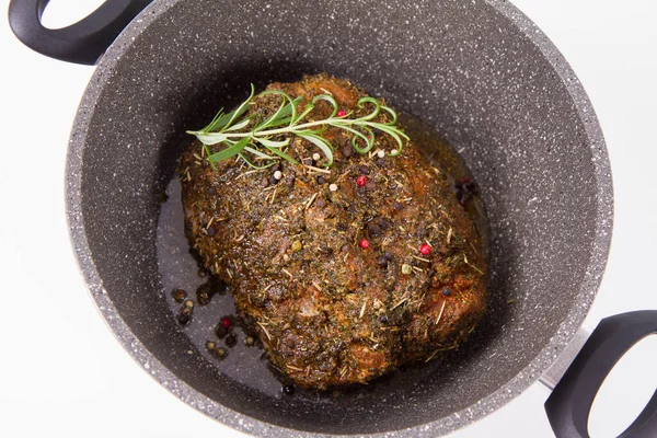Raw Pork Loin Seasoned Ready Roasted Pot — Stock Photo, Image
