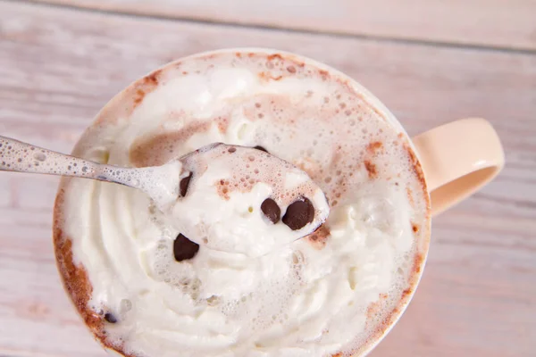 Cup Hot Chocolate Whipped Cream Sprinkled Chocolate Chips Being Stirred — Stock Photo, Image
