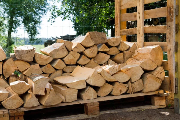 Pile Firewood Summer Stocked Outdoors Shed Being Prepared Winter — Stock Photo, Image