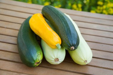 Bahçedeki ahşap bir masada farklı renkte kabaklar.