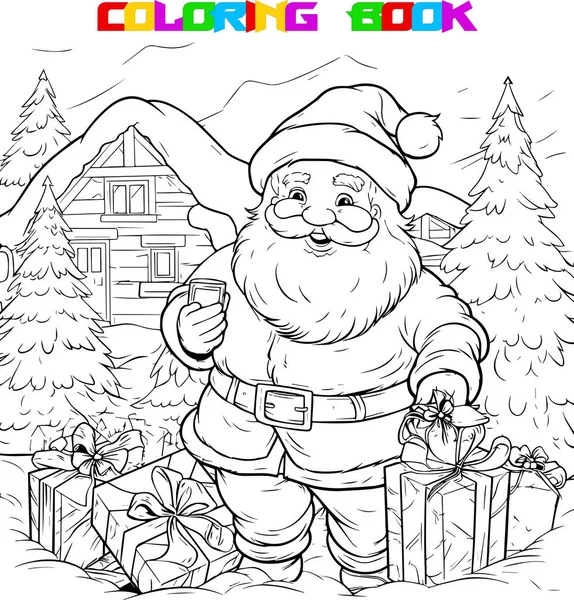 Desenho Livro Para Colorir Para Crianças Com Papai Noel Feliz — Vetor de Stock