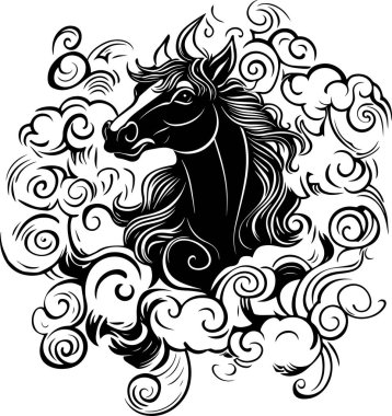 A painting in vector of the twelve zodiac horse drawn in black lines, this is a tattoo design surrounded by clouds and water. Elegant composition in a clip art style , isolated on a white background.