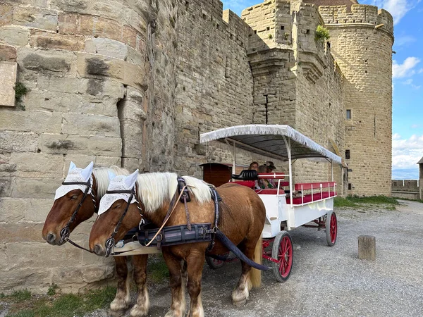 Carcassonne Francja Kwietnia 2023 Ludzie Przechadzają Się Uliczką Starym Mieście — Zdjęcie stockowe