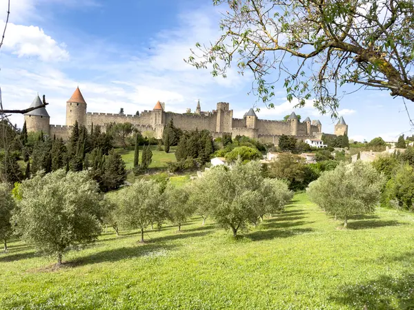 Egyedülálló Középkori Carcassonne Erőd Aude Franciaország Amely Szerepel Unesco Világörökségi — Stock Fotó