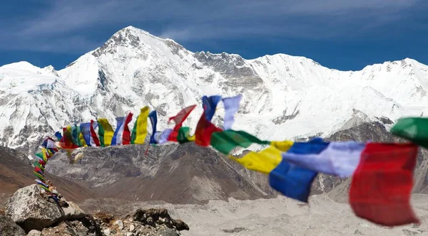 Mount Cho Oyu with prayer flags, way to Cho Oyu base camp, gokyo valley, Everest area, Sagarmatha national park, Khumbu valley, Nepal