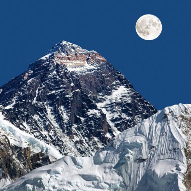 Mount Everest, night view with moon, Nepal Himalaya mountain. Mt. Everest and Nuptse peak from Kala Patthar, Khumbu valley, Sagarmatha national park