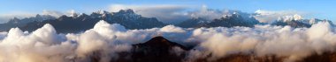 Evening sunsed panoramic view on great Himalayan range and top of mount Makalu from southern foothills, Nepal Himalayas mountains panorama
