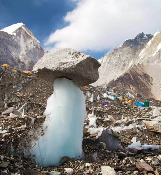 View from Mount Everest base camp with abstract ice and stone mushroom and tents, sagarmatha national park, trek to Everest base camp - Nepal