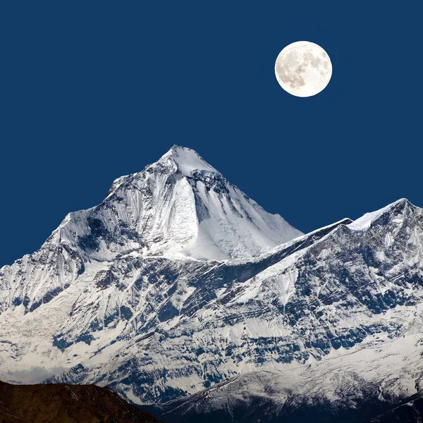 Mount Dhaulagiri Thorung Pass Night View Moon Nepal Himalaya Mountain Stockbild