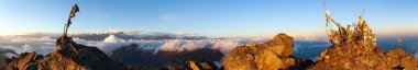 Panorama of Great Himalayan range with mount Makalu, Evening sunsed red colored view from Nepal Himalayas mountains