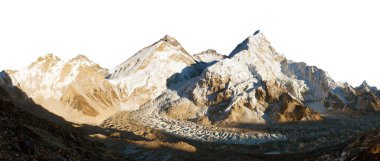 mount everest isolated on the white sky background, evening panoramic view of Mt Everest seen from Pumori base camp, Sagarmatha national park, Khumbu valley, Solukhumbu, Nepal Himalays mountains