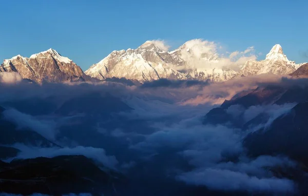 Noite Pôr Sol Vista Colorida Vermelha Monte Everest Lhotse Ama — Fotografia de Stock