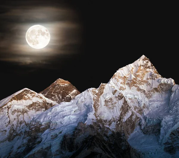 Mount Everest Nattutsikt Med Månen Nepal Himalaya Berg Everest Och — Stockfoto