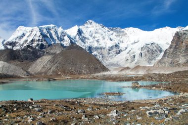 Cho Oyu Dağı 'nın güzel panoramik manzarası ve Cho Oyu ana kampı, Sagarmatha ulusal parkı, Gokyo vadisi, Khumbu vadisi, Nepal Himalayaları dağları.