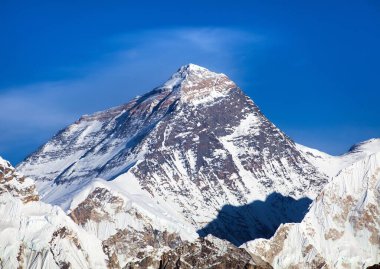 Gokyo Vadisi 'nden Everest' e kadar uzanan Everest Dağı 'nın tepesinde, güney eyeriyle Everest' in ana kampı Nepal Himalayalar 'ın dağları.