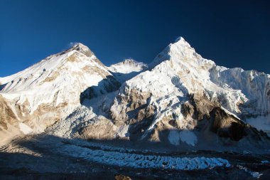 Pumo Ri ana kampından Everest Dağı 'na, Khumbu Vadisi' ne, Sagarmatha Ulusal Parkı 'na, Nepal Himalayas Dağları' nın akşam günbatımı manzarasına kadar uzanan panoramik manzara.