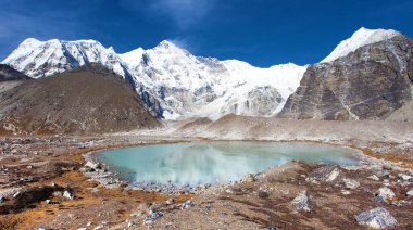 Cho Oyu Dağı 'nın güzel panoramik manzarası ve Cho Oyu ana kampı, Sagarmatha ulusal parkı, Gokyo vadisi, Khumbu vadisi, Nepal Himalayaları dağları.