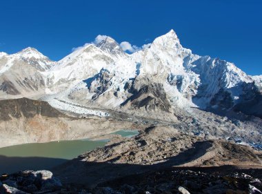 Panoramik dağ herhangi bir zamanda ve mt. Nuptse, Khumbu Vadisi ve buzul, Milli Parkı: Sagarmatha, Nepal Himalayalar dağlar