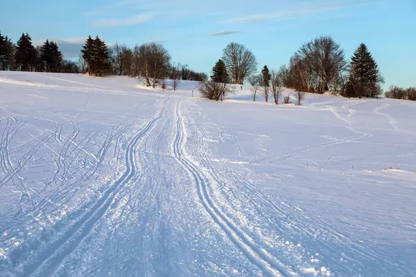 wintry landscape scenery with modified cross country skiing way, evening view