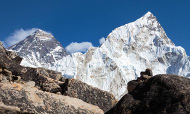 Everest Dağı ve Nuptse Dağı zirvesi, Himalayalar 'ın panoramik manzarası, Patthar Dağı, Khumbu Vadisi, Sagarmatha Ulusal Parkı, Nepal himalaya Dağı manzarası
