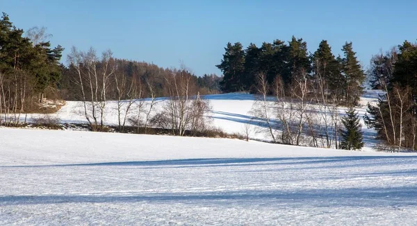 Bohem ve Moravya dağ manzarası, kış panoramik manzarası, Velke Mezirici kasabası yakınlarındaki karlı manzara,