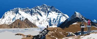 Lhotse Dağı güney kaya yüzeyi, buzullar ve üç yürüyüşçü, vektör illüstrasyonu, Khumbu vadisi, Everest bölgesi, Nepal himalayas dağları