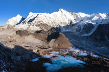 Cho Oyu Dağı ve Cho Oyu ana kamp alanının güzel panoramik manzarası, sabah manzarası, Sagarmatha milli parkı, Gokyo vadisi, Khumbu vadisi, Nepal Himalayalar dağları