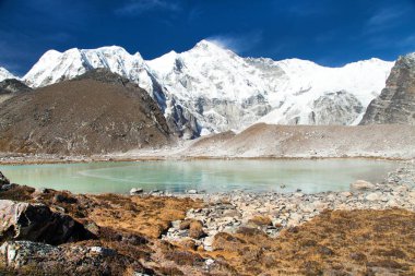 Cho Oyu Dağı 'nın güzel panoramik manzarası ve Cho Oyu ana kampı, Sagarmatha ulusal parkı, Gokyo vadisi, Khumbu vadisi, Nepal Himalayaları dağları.