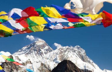 view of Mount Everest and Lhotse with buddhist prayer flags from Gokyo Ri peak, Khumbu valley, Nepal Himalayas mountains clipart