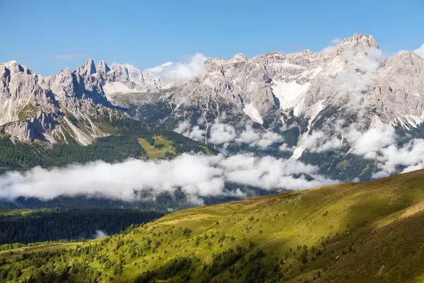 Panoramic View Sexten Dolomites Mountains Dolomiti Sesto Carnian Alps Mountains 图库照片