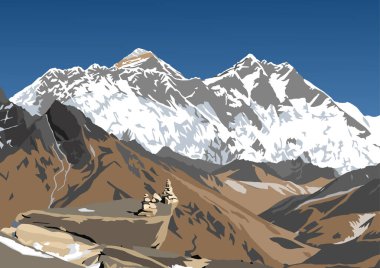 Lhotse Dağı ve Nuptse Dağı güney kaya yüzeyi ve Everest Dağı zirvesi, vektör illüstrasyonu, Khumbu vadisi, Everest bölgesi, Nepal himalayas dağları