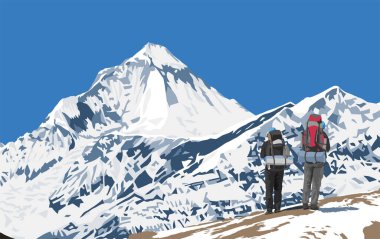Mount Dhaulagiri peak as seen near Thorung La pass and three hikers, Mount Annapurna circuit trekking trail, vector illustration, Nepal Himalayas mountains clipart