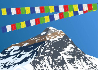 Everest dağında gokyo 'dan görülebilen duacı bayraklar, vektör çizimi, Everest Dağı 8.848 metre, Khumbu vadisi, Sagarmatha ulusal parkı, Nepal Himalayalar dağları