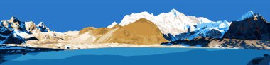 Cho Oyu dağı ve donmuş göl, Cho Oyu Dağı 'nın panoramik çizimi Güney ana kampından, Gokyo Vadisi, Khumbu Vadisi, Nepal Himalayaları Dağları' ndan