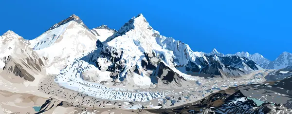 Nepal tarafından Everest Lhotse ve Nuptse dağları Pumori ana kampından görüldüğü gibi, illüstrasyon, Everest Dağı 8.848 metre, Khumbu vadisi, Sagarmatha ulusal parkı, Nepal Himalaya dağı