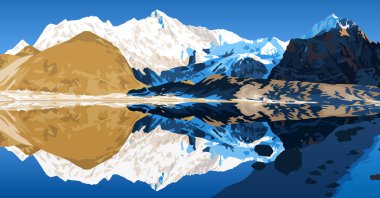 Cho Oyu Dağı göl yüzeyinde yansıdı, Cho Oyu ana kampı, sabah görüşü, vektör illüstrasyonu, Gokyo vadisi, Khumbu vadisi, Everest bölgesi, Sagarmatha ulusal parkı, Nepal himalayas dağları