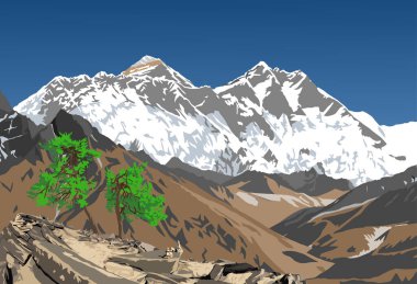 Lhotse Dağı ve Nuptse Dağı güney kaya yüzeyi, Everest Dağı ve Ama Dablam tepesi, vektör çizimi, Khumbu vadisi, Everest bölgesi, Nepal himalayas dağları