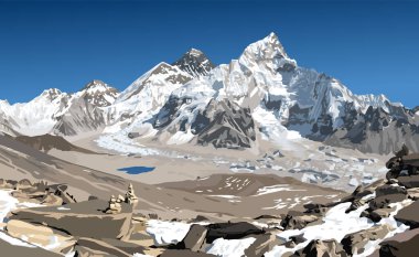 Nepal tarafından Everest ve Nuptse dağları Kala Patthar zirvesinden taş piramit, vektör illüstrasyonu, Everest Dağı 8.848 metre, Khumbu vadisi, Sagarmatha ulusal parkı, Nepal Himalayalar dağları ile görülür.
